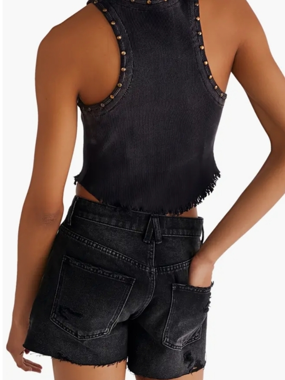 We The Free People Look Back At It Distressed Black Raw-Hem Studded Cropped Tank - Picture 2 of 16
